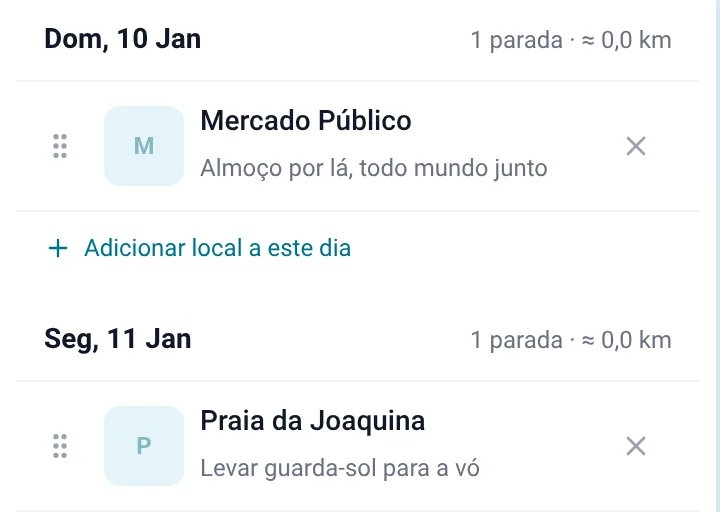 Roteiro da família no Topa Aí: domingo, 10 de janeiro, Mercado Público; segunda, 11, Praia da Joaquina com a nota "levar guarda-sol para a vó".